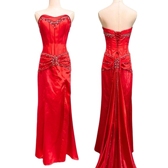 Women 6 Long Red Satin Beaded Formal Dress Evening Gown Strapless Glam Prom Gala - Picture 3 of 14